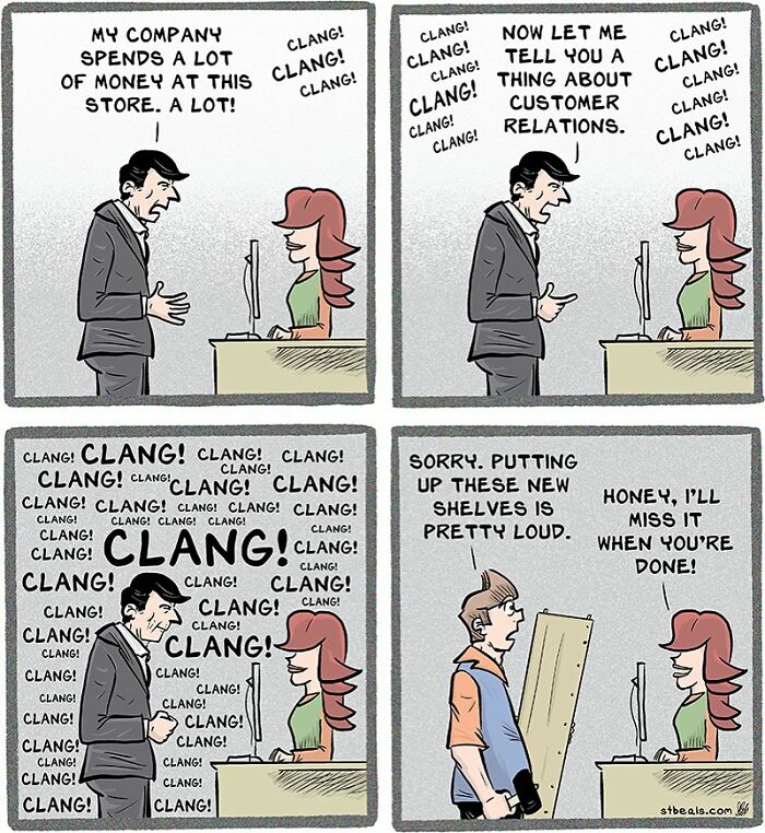 Comic showing retail workers dealing with loud noises and customer interactions illustrating chaos of working in retail.