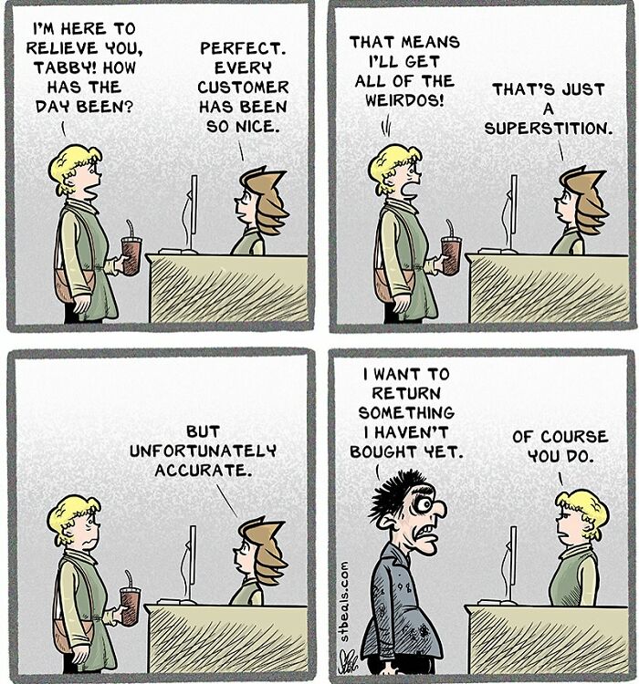 Comic strip showing humorous retail chaos with customers and employees dealing with strange requests at a store counter.