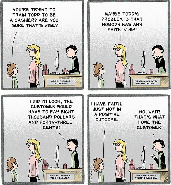 Comic strip showing the chaos of working in retail, featuring a trainee cashier struggling with a complicated customer checkout.