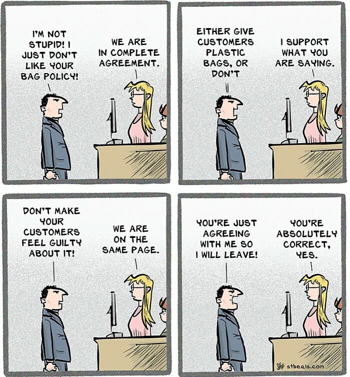 A retail worker and customer humorously debate store bag policy, highlighting relatable chaos of working in retail.