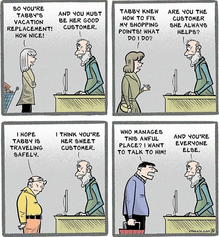 Comic panels showing humorous interactions between retail workers and customers, capturing the chaos of working in retail.