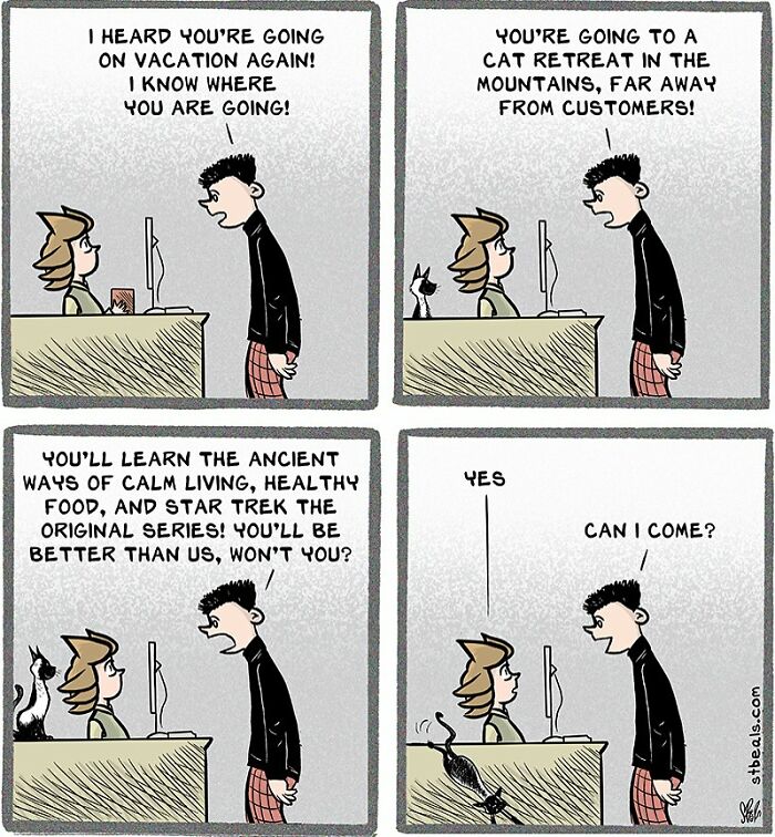 Comic strip depicting relatable retail chaos with two coworkers discussing vacation plans and calming customer stress.