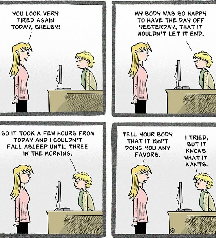 Comic strip showing two retail workers discussing exhaustion and sleep struggles after a day off, highlighting retail work chaos.