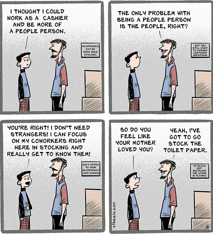 Comic strip showing a humorous retail work conversation highlighting the chaos of working in retail and coworker interactions.