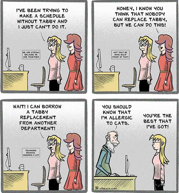 Two retail workers discuss scheduling problems and replacement staff in a comic illustrating the chaos of working in retail.