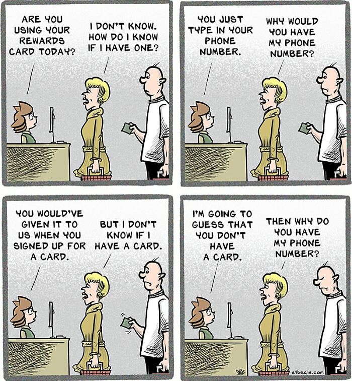 Comic strip showing a retail worker dealing with a confused customer about rewards cards and phone numbers.