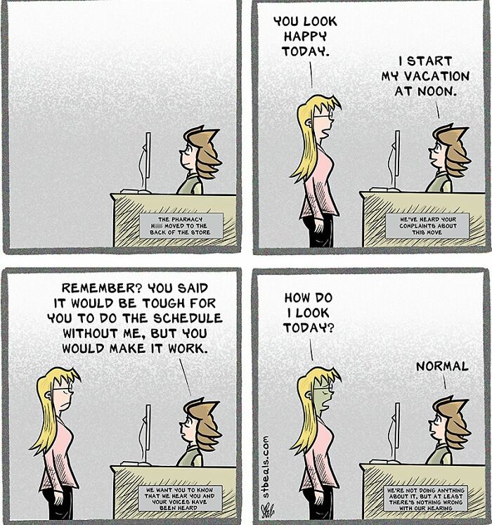 Retail work comic showing two employees discussing schedule changes and vacation, capturing relatable retail chaos humor.