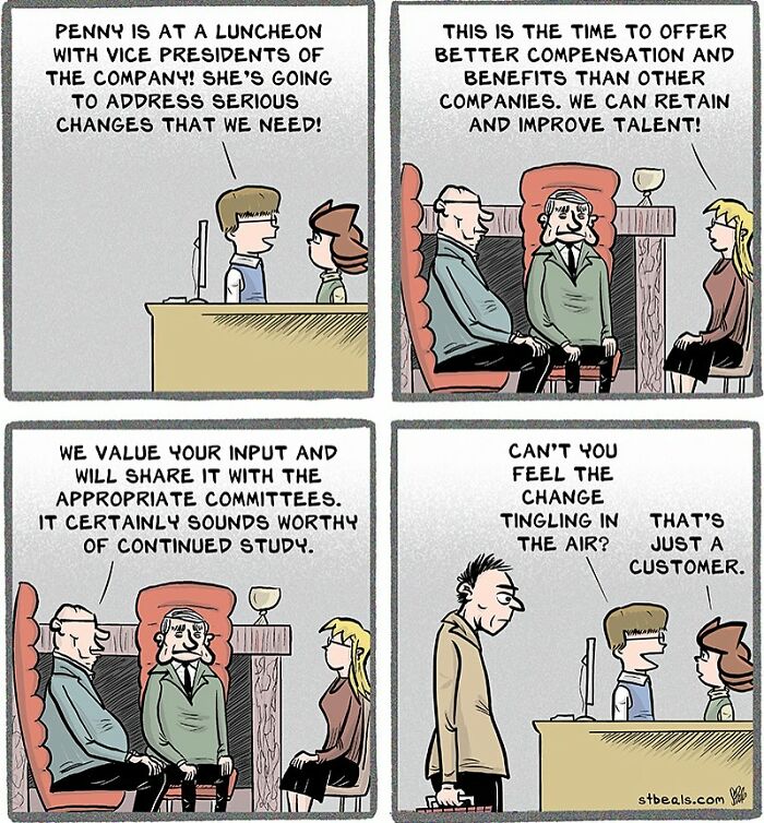 Comic panels showing office workers discussing retail work challenges while a disheveled customer passes by, depicting retail chaos.