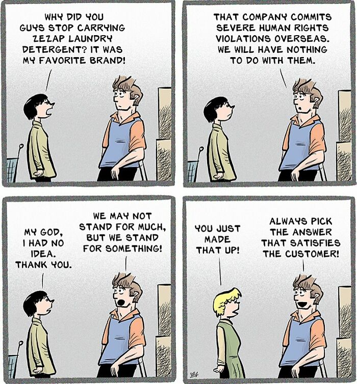 Comic panels showing retail worker explaining product discontinuation with humorous chaos of working in retail interactions.