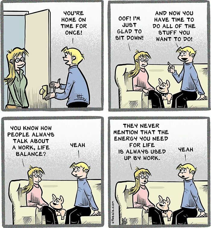 Comic illustrating relatable chaos of working in retail, showing characters discussing work-life balance and energy drain.