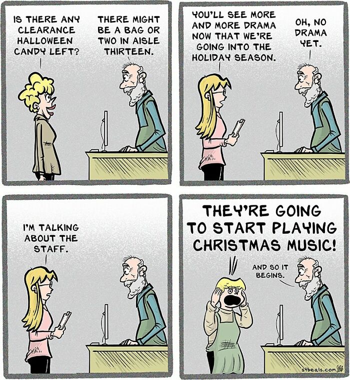 Comic strip showing relatable chaos of working in retail with staff drama and holiday season Christmas music starting.