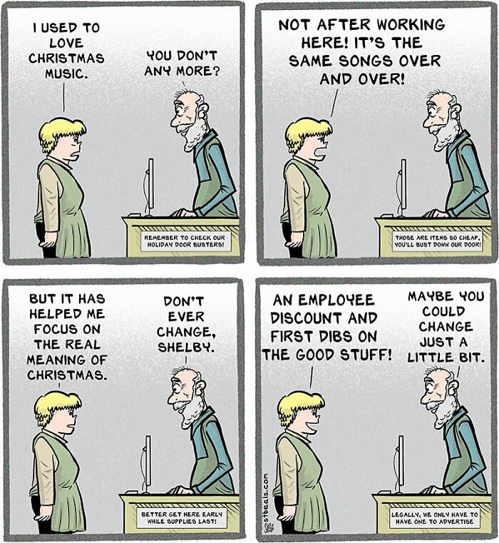 Comic strip showing relatable retail work chaos with employee and customer discussing holiday music and discounts.