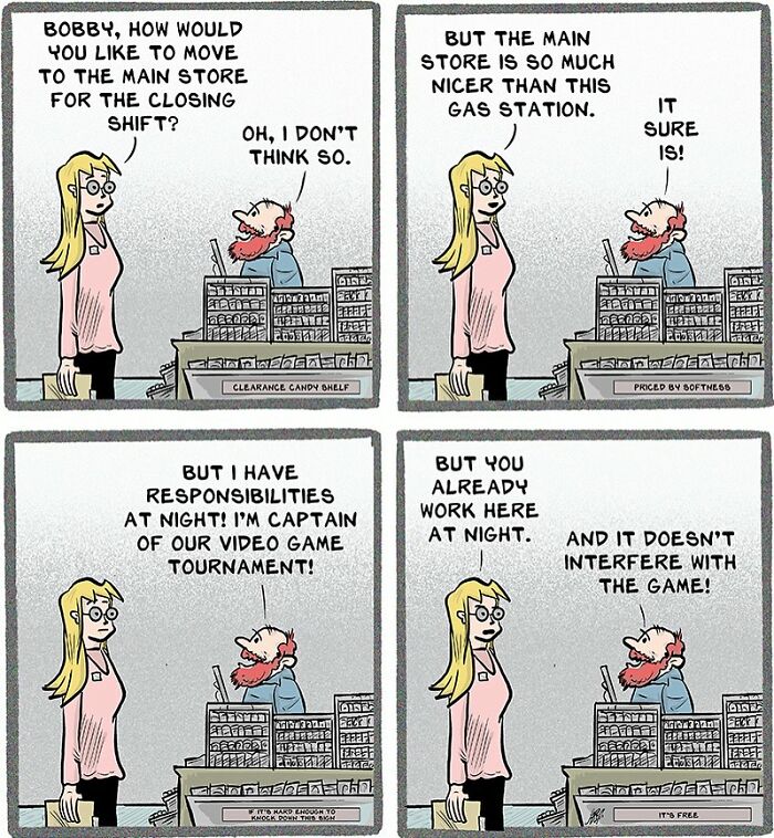 Comic strip depicting relatable chaos of working in retail with humorous dialogue between two employees at a store counter.