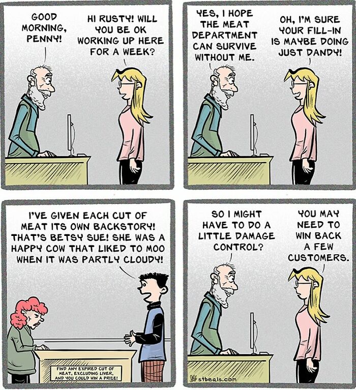 Comic strip showing humorous conversations between retail workers and customers about meat department chaos.