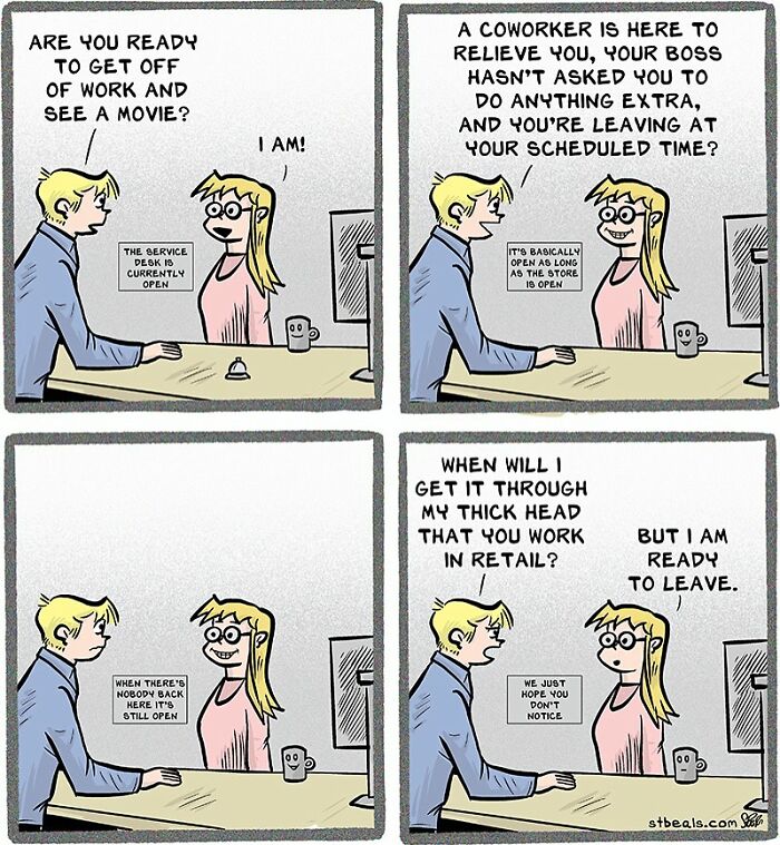 Two retail workers discuss leaving work on time while the service desk remains open during a comic about retail chaos.