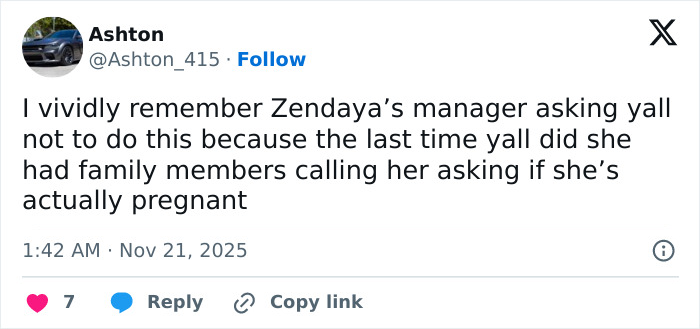 Tweet discussing Zendaya&rsquo;s manager requesting fans not to speculate about pregnancy after leaked video with Tom Holland.