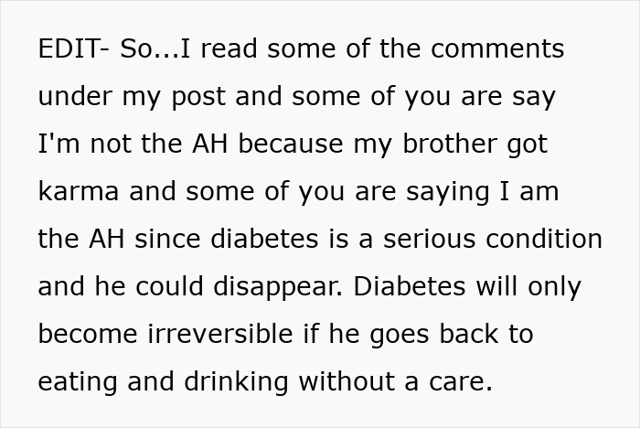 Text discussing a sibling mocking over weight and the brother developing diabetes, highlighting karma and serious health issues.