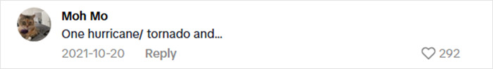 Comment on social media post reading One hurricane/ tornado and, sparking discussion on dangerous $15K cabin in the woods safety concerns.
