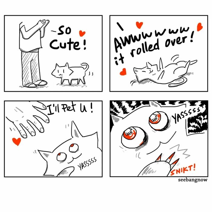 Comic panels featuring a dramatic and honest cat reacting unbothered to affection with bold, expressive eyes and sharp claws.