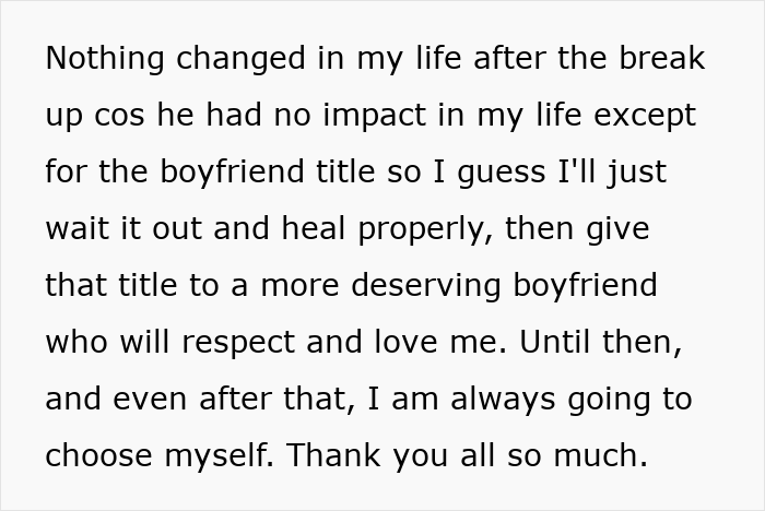 Text post about healing and self-respect after a suspicious work trip causes relationship doubts and a breakup.