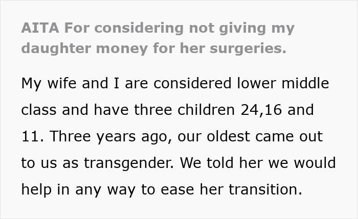 Text excerpt about parents considering daughter money for surgeries, discussing finances and support for transgender transition.