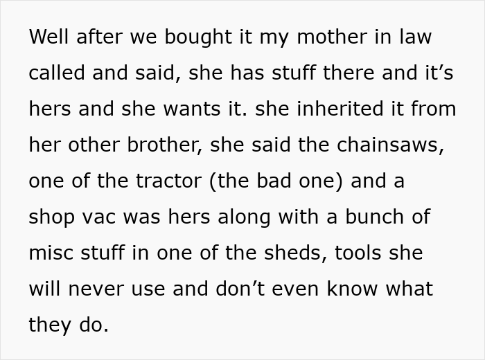 Text about toxic mother-in-law demanding an inherited tractor, leading to son-in-law's petty retaliation.