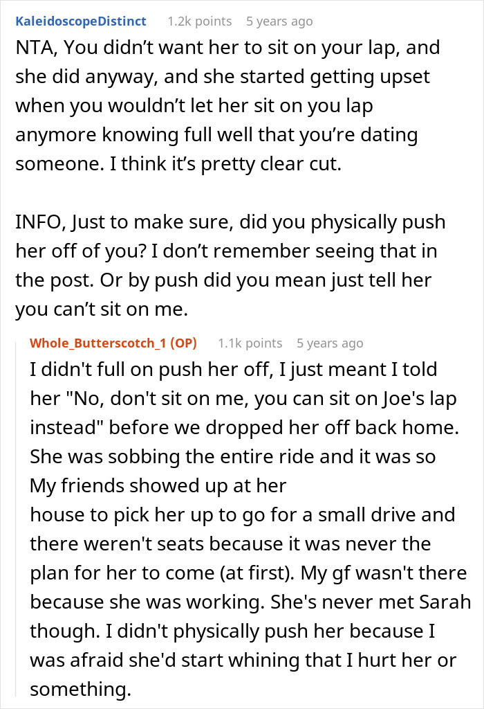 Reddit discussion about a guy annoyed his friend wanted to sit on his lap and learning she likes him.