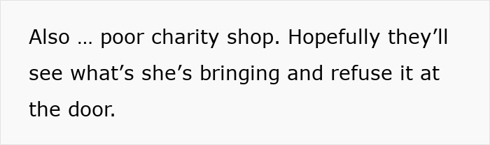 Text message discussing a charity shop refusing broken items as a gift from a lady trying to be green.