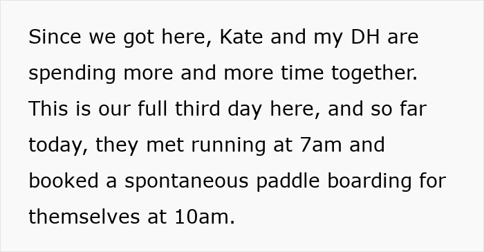 Text showing a wife describing how her husband and her friend are spending a lot of time together on holiday.