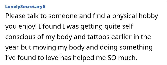 Comment expressing advice on coping with tattoo regret and depression by finding hobbies and self-care activities.