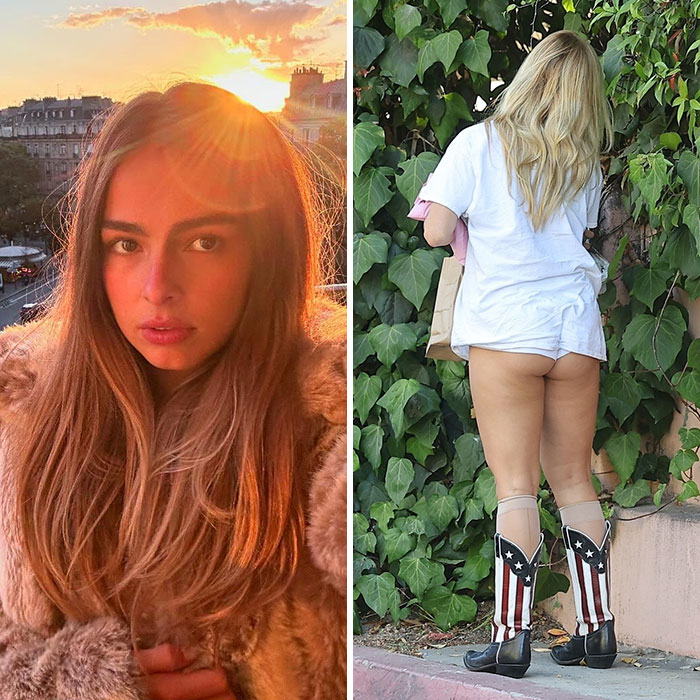 Young woman taking a sunset selfie and another in shorts and patriotic boots, highlighting celebrity moments revealing more than expected.