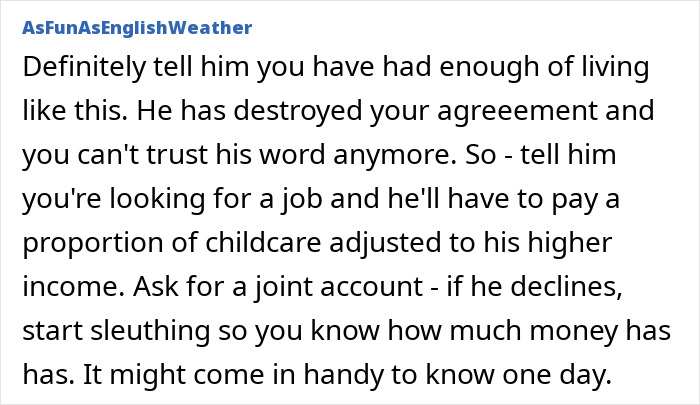 Advice on asking husband for money while feeling sick, discussing trust, joint accounts, and managing childcare costs.
