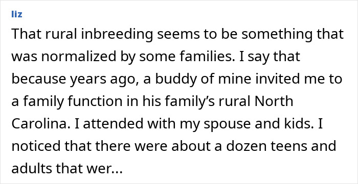 Alt text: Screenshot of a social media comment discussing rural inbreeding normalized by some families and personal experiences.