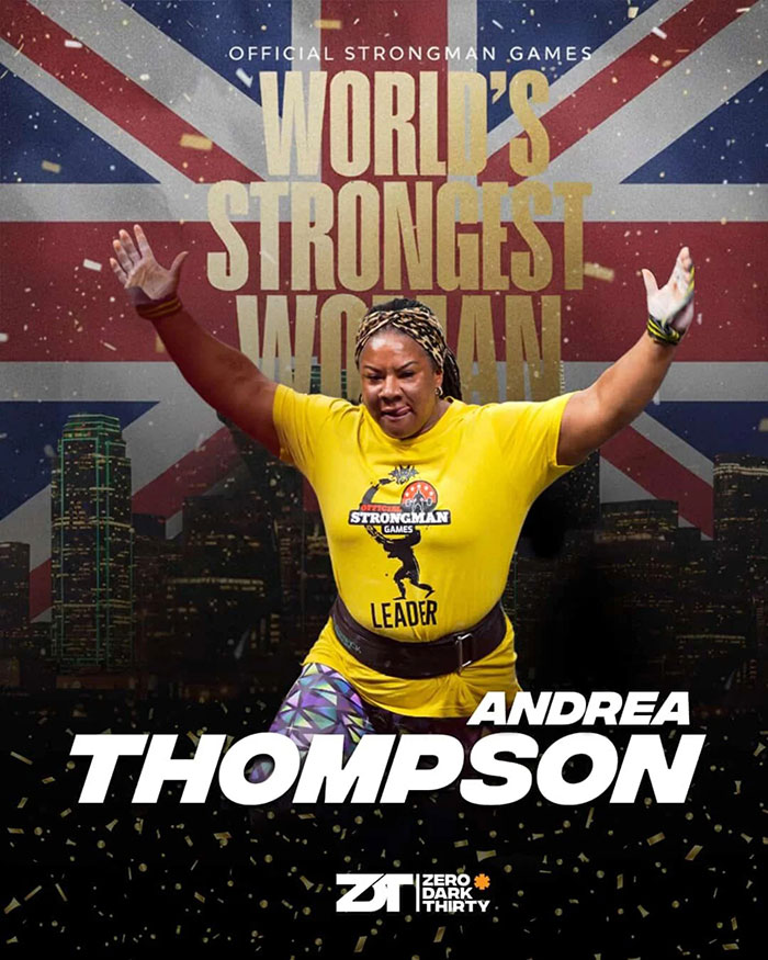 Female athlete celebrating with arms raised in front of Union Jack flag at World's Strongest Woman competition. Female athlete celebrating with arms raised in front of Union Jack flag at World's Strongest Woman competition.