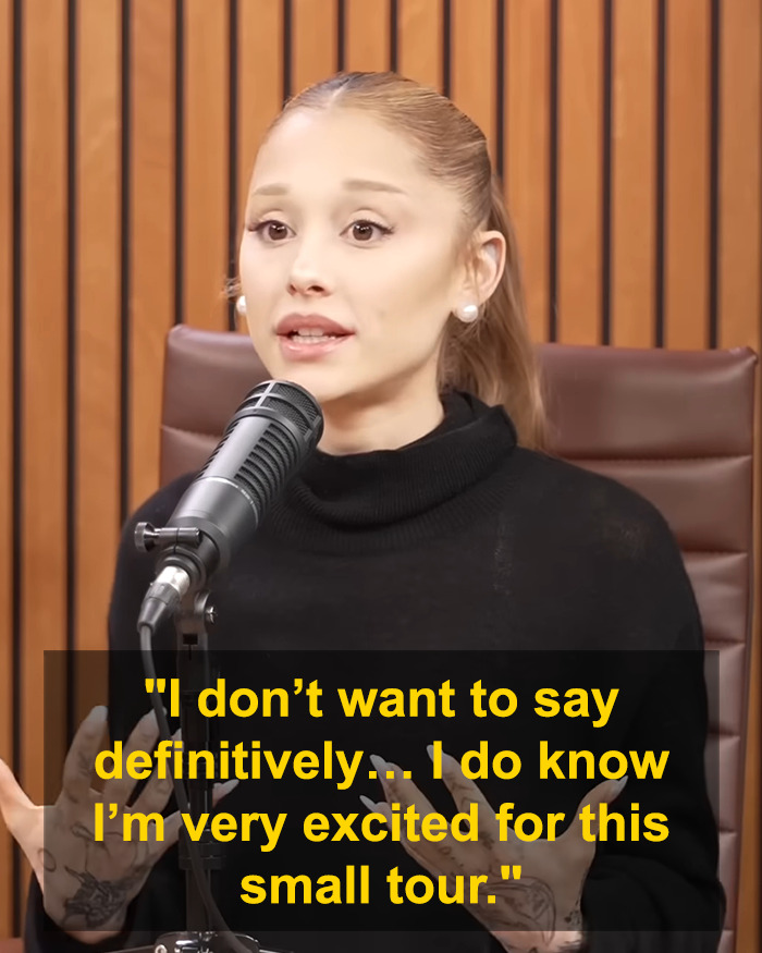 Ariana Grande speaking into a microphone during a podcast, discussing her excitement for a small tour announcement.