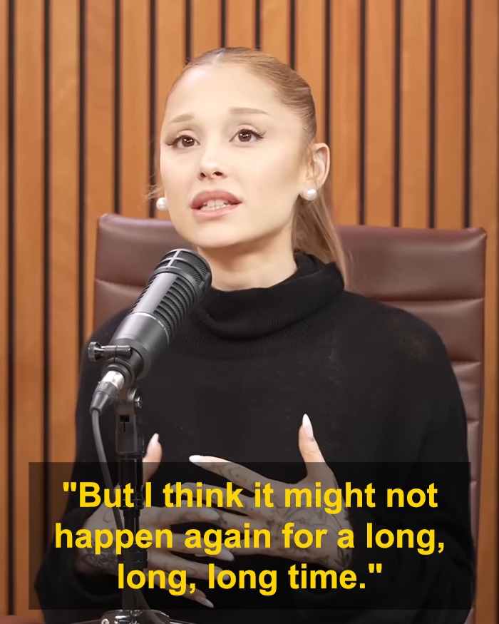 Ariana Grande speaking into a microphone during a podcast, discussing her cryptic last hurrah announcement.