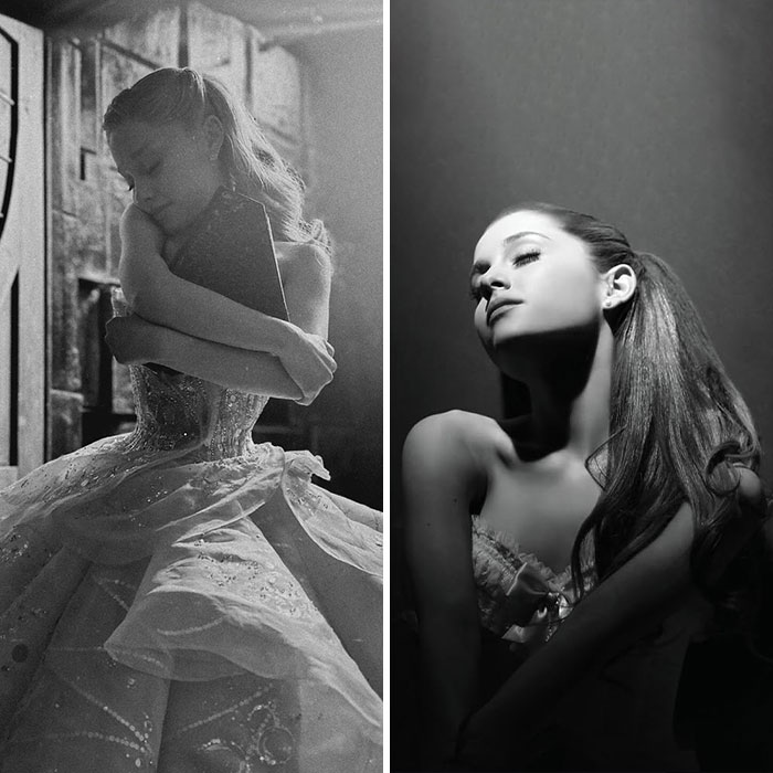 Black and white split image of Ariana Grande in elegant dress, highlighting emotional age regression in a recent snap.