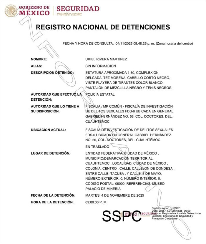 Document showing the registro nacional de detenciones in Mexico with details about a detainee and detention authority.