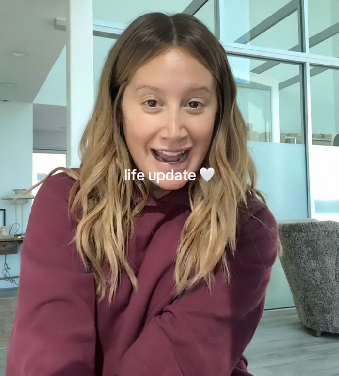 Ashley Tisdale sharing a life update about her official name change and explaining her reasons in a casual setting.