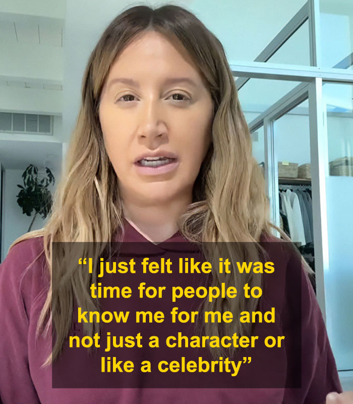 Ashley Tisdale explains her official name change and the reasons behind it in a casual indoor setting.