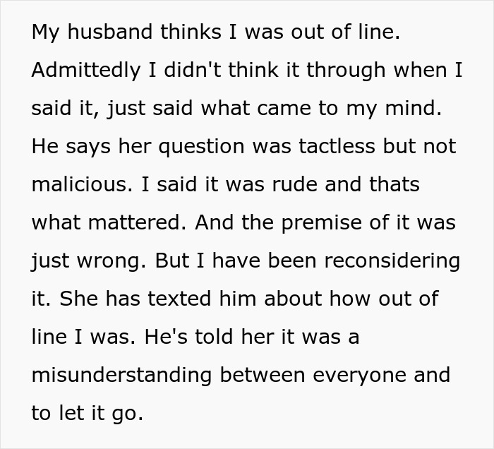 Text excerpt of a stay-at-home mom reconsidering a clash over college degrees and a tactless question from her sister-in-law.
