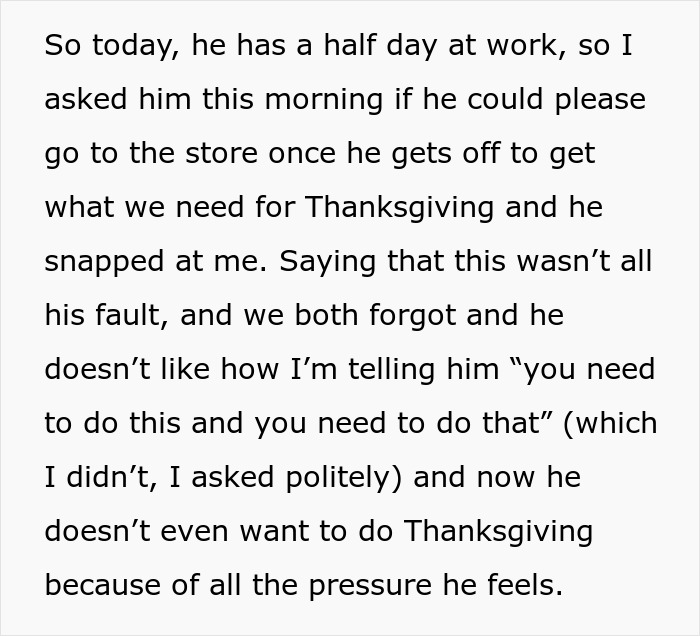 Text explaining husband feeling pressure buying things for Thanksgiving, leading wife to ban him from shopping altogether.
