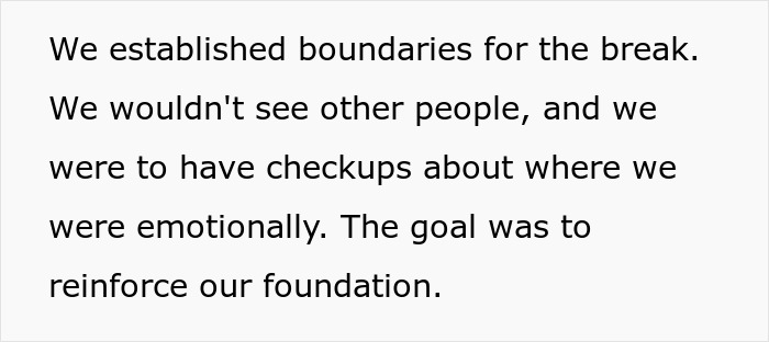 Text discussing a couple setting boundaries during a break, focusing on emotional checkups and relationship foundation. Text discussing a couple setting boundaries during a break, focusing on emotional checkups and relationship foundation.