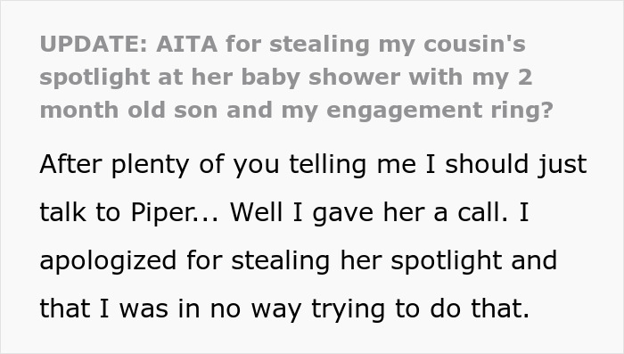 Text excerpt about cousin's family accusing woman of stealing spotlight with baby and engagement ring during baby shower.