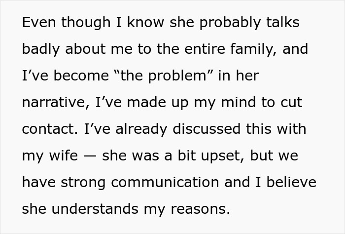 Text excerpt about MIL playing the victim while family cuts contact with gay couple, discussing communication and decisions.