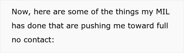 Text on a plain white background stating examples of actions by a MIL pushing toward no contact with a gay couple.