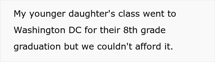 Text showing a parent expressing regret about choosing a nose job over kids college funds and missing their daughter's 8th grade trip.