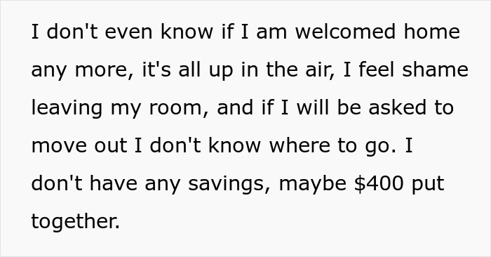 Alt text: Text expressing uncertainty about being welcomed home and financial struggles related to mom affair college money dad situation