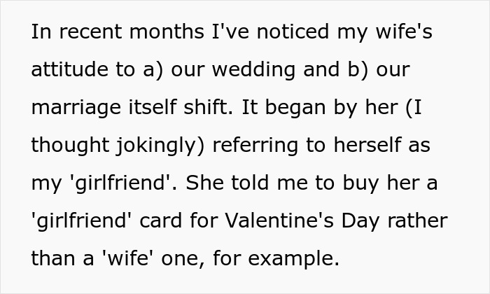 Husband bewildered at wife for seemingly forgetting they got married, questioning their wedding and marriage shift.