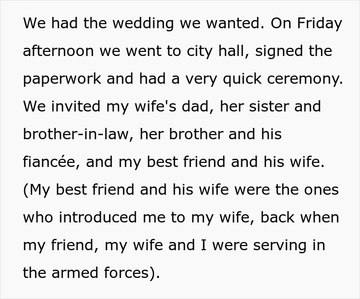 Text excerpt describing a guy's quick wedding ceremony rejecting sister&rsquo;s big wedding idea amid family tension and rejection sensitive dysphoria.